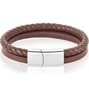 Unisex Braided Leather Unisex Bracelet with Stainless steel push-clasp closure